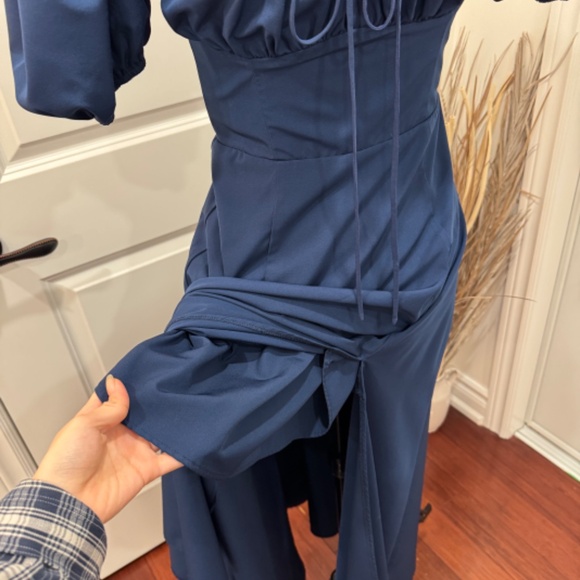 Navy Puff Sleeve Lined Maxi Dress with Slit - Picture 4 of 5